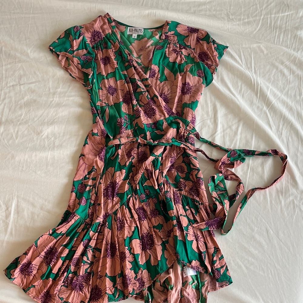 Floral Wrap Mini Dress - Pink & Green